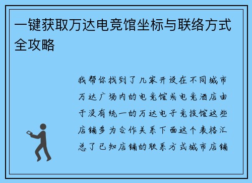 一键获取万达电竞馆坐标与联络方式全攻略
